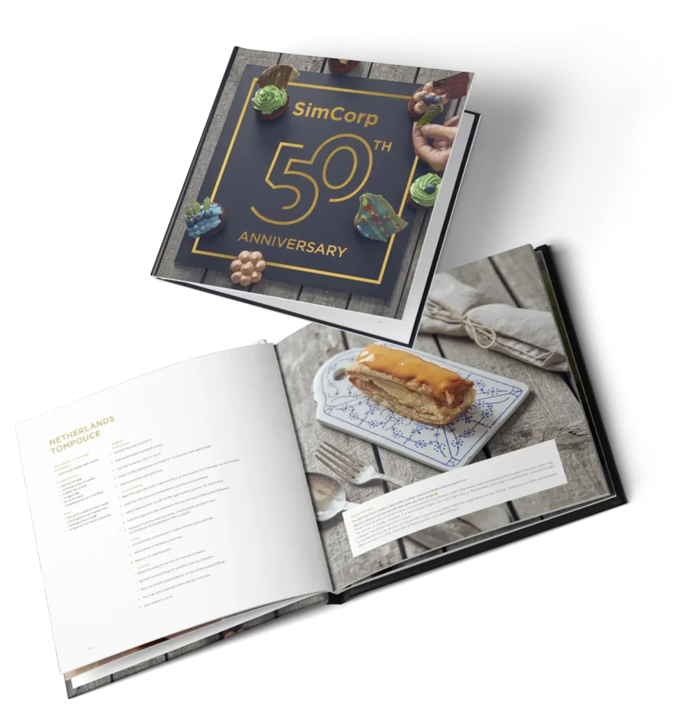 SimCorp kogebog med eksempler på professionelt grafisk design til bøger og visitkort